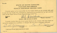 State of South Carolina State School Book Commission Pupil's Textbook Record Cards