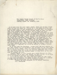 Monthly Report for the Coming Street Y.W.C.A., December 1939