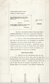 National Board of Y.W.C.A. of the U.S.A. against Y.W.C.A. of Charleston, South Carolina ' Civil Action, Complaint