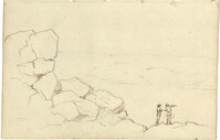 Landscape sketch, rocky hillside and two human figures