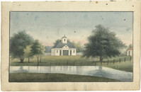 Landscape painting, white church with bell tower
