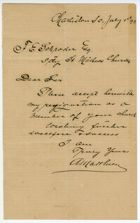 Letter from a member of church to F. E. Schroder, Esq., July 1, 1899.
