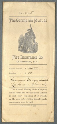 Policy from Germania Mutual Fire Insurance Co. for the Sunday School building of the German Evangelical Lutheran Church