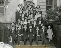 Cub scouts on the front steps of the Main Library
