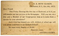 Card from Dr. Jacob S. Raisin to Congregation Members, October 6, 1915