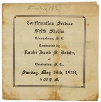 B'rith Sholim Confirmation Service Program, May 19th, 1918