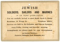 Invitation for Jewish Soldiers, Sailors, and Marines to Meet Rabbi Raisin