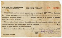 South Carolina Liquor Permit, May 14, 1919