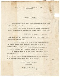 Tree of Life Congregation Announcement, July 16, 1921