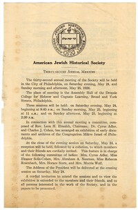 American Jewish Historical Society Meeting Program, May 1924