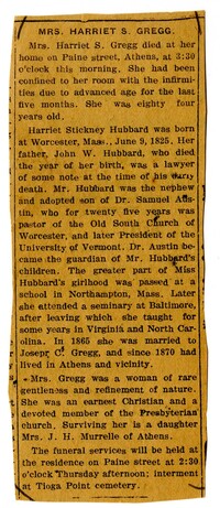 Obituary for Mrs. Harriet S. Gregg