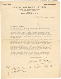 Letter to Jacob S. Raisin from Barnett A. Elzas, February 6, 1917