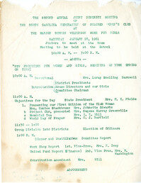 Agenda for the Second Annual Joint District Meeting of the South Carolina Federation of Colored Women's Clubs, January 28, 1961