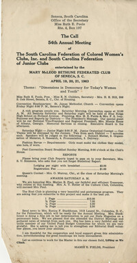 The Call for the 54th annual meeting of the South Carolina Federation of Colored Women's Clubs and South Carolina Federation of Juniors Clubs