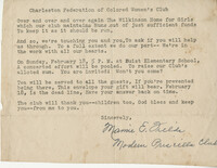 Invitation from Mamie Fields to Charleston Federation of Colored Women's Clubs