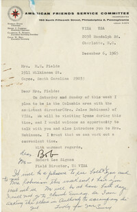Letter from Robert Lee Sigmon to Mamie Fields, December 6, 1965