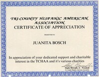 Certificado de reconocimiento otorgado a Juanita Bosch / Certificate of Appreciation Presented to Juanita Bosch