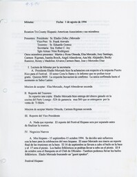 Acta de la reunión de la junta directiva de la organización Tri-County Hispanic American Association del día 1 de agosto de 1994  / Tri-County Hispanic American Association Board Minutes, August 1, 1994