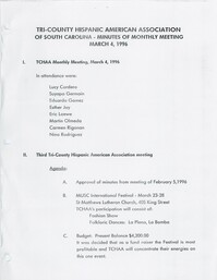 Acta de la reunión de la junta directiva de la organización Tri-County Hispanic American Association del día 4 de marzo de 1996 / Tri-County Hispanic Association Board Meeting Minutes, 4 March 1996