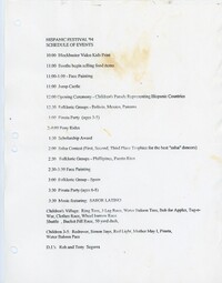 Borrador del Programa del Festival Hispano '94 / Hispanic Festival '94 Schedule of Events Draft