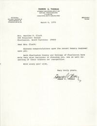 Letter from Damon G. Thomas to Septima P. Clark, March 6, 1978