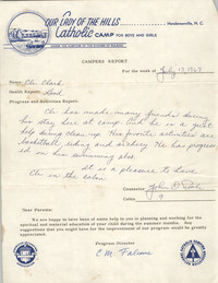 Letter from Our Lady of the Hills Catholic Camp to Septima P. Clark, July 13, 1969