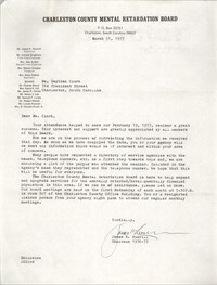 Letter from James K. Rumrill to Septima P. Clark; Charleston County Mental Retardation Board Directory, March 31, 1977
