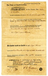 Bill of Sale for the Enslaved Man Thomas from J. William C. Hitchinson to James Adger, James Hamilton, and Arthur Middleton, 1836