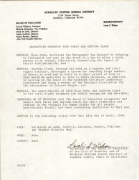 Resolution Honoring Rosa Parks and Septima Clark, April 1980