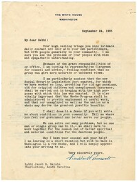 Letter to Rabbi Dr. Jacob S. Raisin from President Franklin D. Roosevelt, September 24, 1935
