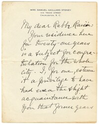 A Letter from Louisa Cheves Stoney to Rabbi Raisin