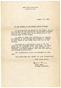 Letter from Moses Marx to the Alumni of the Hebrew Union College