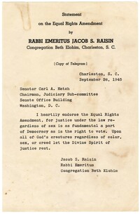 Copy of a Telegram from Rabbi Jacob S. Raisin to Senator Carl A. Hatch