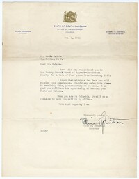 Letter from Olin D. Johnston to Rabbi Jacob S. Raisin