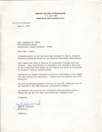 Letter from Baptist College at Charleston to Septima P. Clark, June 4, 1976