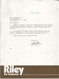 Letter from Dick Riley to Septima P. Clark, July 15, 1978