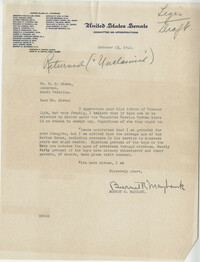 Teenage Draft: Correspondence between M. C. Glenn (Anderson, S.C.) to Senator Burnet R. Maybank, October 23, 1942