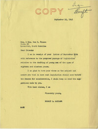 Teenage Draft: Correspondence between Mr. and Mrs. Dan C. Hinson (Lancaster, S.C.) to Senator Burnet R. Maybank, September 11, 1942