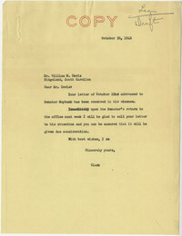 Teenage Draft: Correspondence between William M. Davis (Ridgeland, S.C.) to Senator Burnet R. Maybank, October 22, 1942