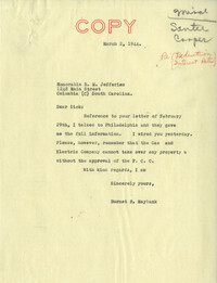 Santee-Cooper: Correspondence between Richard M. Jefferies (General Manager of the South Carolina Public Service Authority) and Senator Burnet R. Maybank Concerning a Reduction in Interest Rates, February-March 1944