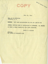 Santee-Cooper: Correspondence between Richard M. Jefferies (General Manager of the South Carolina Public Service Authority) and Senator Burnet R. Maybank, February 1944