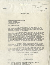 Santee-Cooper: Letter from South Carolina Governor Richard M. Jefferies to Alan Johnstone (General Counsel of the Federal Works Agency), July 21, 1942