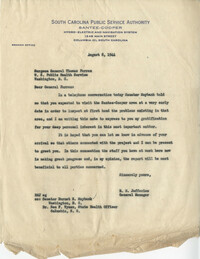 Santee-Cooper: Letter from Richard M. Jefferies (General Counsel of the South Carolina Public Service Authority) to Thomas Parran (U.S. Surgeon General), August 8, 1944
