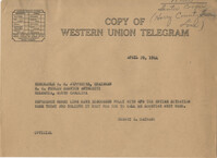 Santee-Cooper: Telegram from Senator Burnet R. Maybank to Richard M. Jefferies (General Counsel of the South Carolina Public Service Authority), April 29, 1944