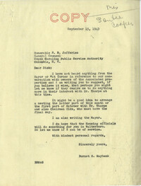 Santee-Cooper: Correspondence between Senator Burnet R. Maybank, Richard M. Jefferies (General Counsel of the South Carolina Public Service Authority), Fred D. Marshall (Mayor of Columbia), and Nat Turner, September 1943