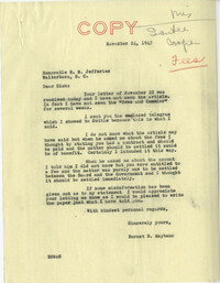 Santee-Cooper: Correspondence between Richard M. Jefferies (General Counsel of the South Carolina Public Service Authority) and Senator Burnet R. Maybank, November 1943