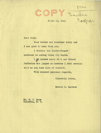 Santee-Cooper: Letter from Senator Burnet R. Maybank to Richard I. Lane, March 13, 1943