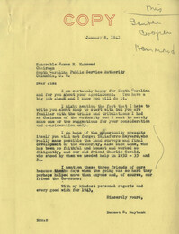 Santee-Cooper: Letter from Senator Burnet R. Maybank to James H. Hammond (Chairman of the Board of Directors for the South Carolina Public Service Authority), January 8, 1943