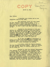 Santee-Cooper: Letters from Senator Burnet R. Maybank to E. T. Heyward, March 8-13, 1943