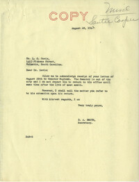 Santee-Cooper: Letter from Dr. L. C. Davis to Senator Burnet R. Maybank, August 1943